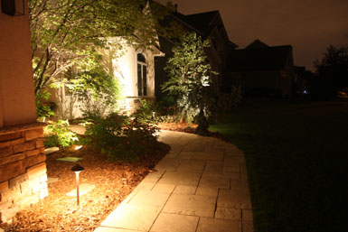 Image: Tier One Landscape stone walkway and landscape lighting.